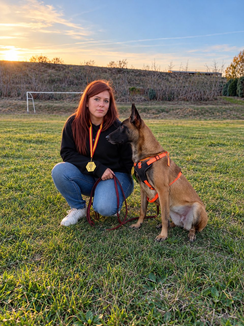 Educadora junto a su malinois al atardecer