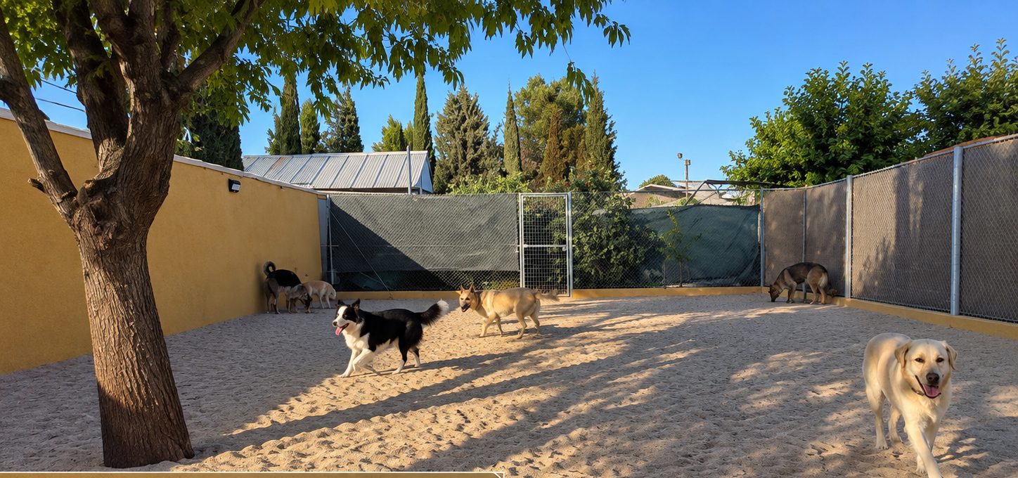 Varios perros jugando en el patio de arena
